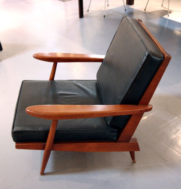 Mid-20th Century Walnut Lounge Chair with Black Leather Cusion George Nakashima