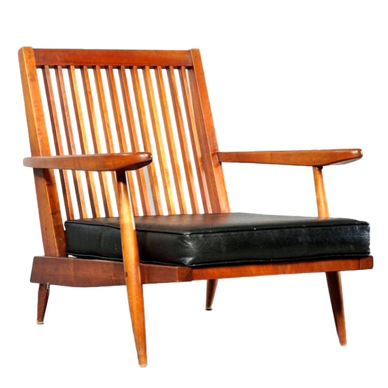Walnut Lounge Chair with Black Leather Cusion George Nakashima