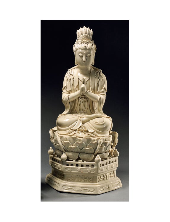 Made in DeHua, FuJian Providence in Southern China, Blanc-de-Chine is a well known type of porcelain that have been extensively exported as well as used domestically. This Bodhisattva of wisodom is beautifully carved with details and dated to late