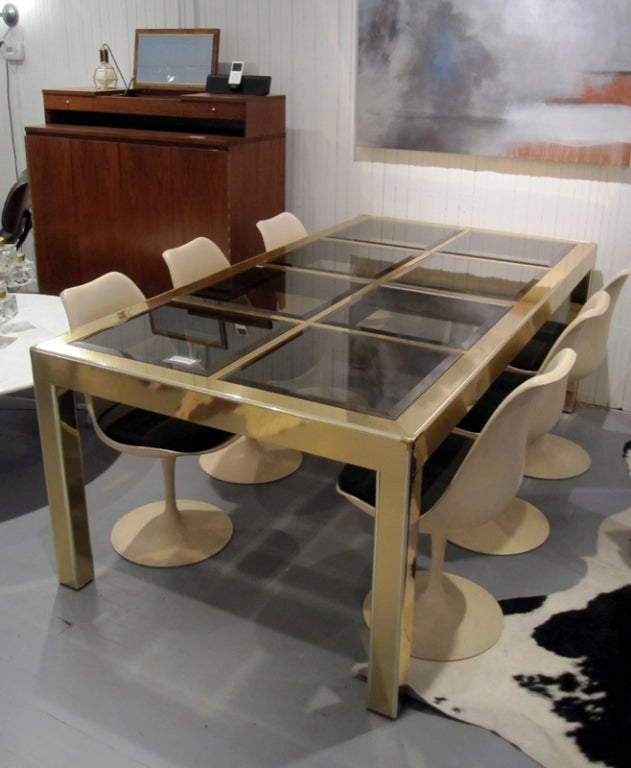 Late 20th Century Dining table with extension leaves brass and glass Mastercraft