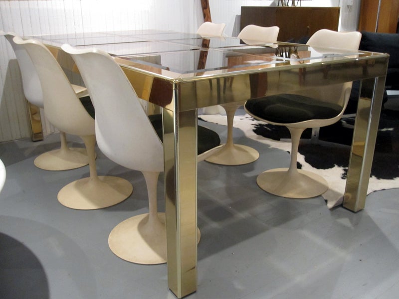 Dining table with extension leaves brass and glass Mastercraft 1