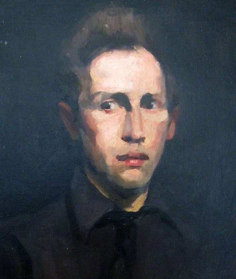 George Wesley Bellows (1882-1925).
A member of American Ashcan School. This portrait of an unidentified young man was in its original condition with the period frame. Signed G.Bellows BR on canvas. Marked Robbins on the back of the canvas.
