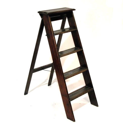 English Stenciled Leather Top Library Ladder