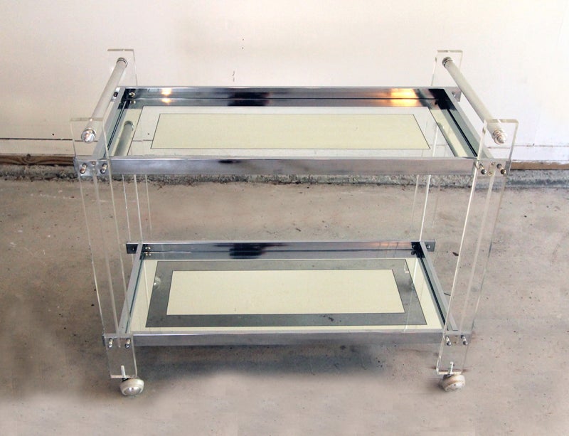 Bar Cart Chrome lucite with mirrored glass shelves In Good Condition In Atlanta, GA