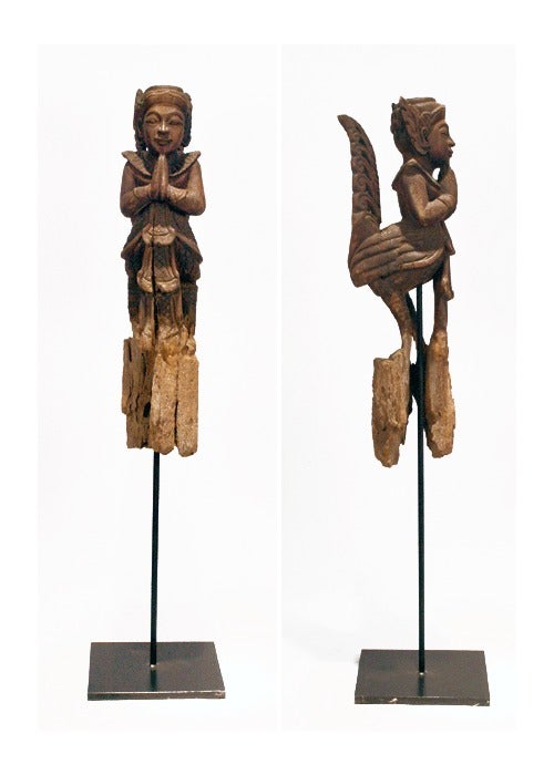 Carved in great details, this pair of Kinnari carving depicts a male and a female couple, used as the decorative pieces for temples or important hallways. Kinnari is the mythological half woman, half swan creatures that excel in singing and dancing.
