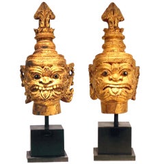 A Pair of mounted antique Theater Head Carvings Thailand