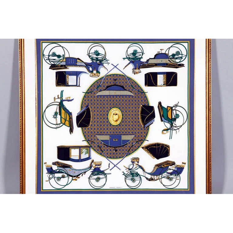 A beautifully framed vintage Hermes scarf that depicts six stage coaches.  