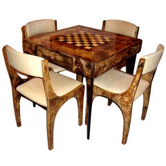 Italian Goatskin Parchment Game Table and Four Chairs Aldo Tura