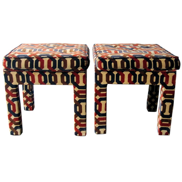 Pair vintage parson stools in Jack Lenor Larsen fabric