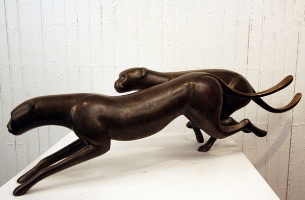 Patinated Loet Vanderveen Running Chetahs Bronze Sculpture