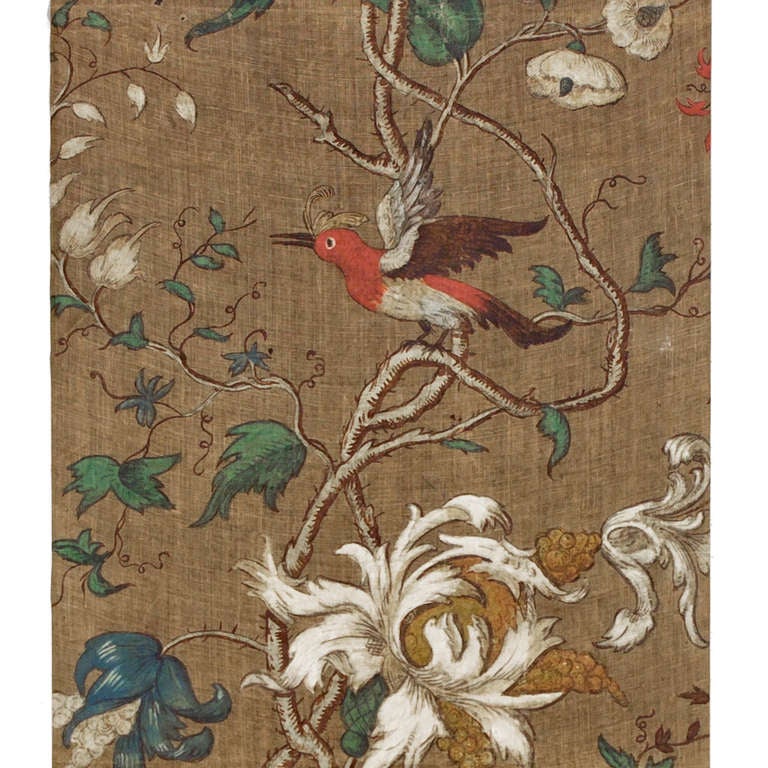 Hand Painted Linen Wall Hanging With Flower and Bird Decoration. Piedmont, Mid 18th Century.  Each panel varies, images are examples. Priced singly, five panels are available. Call for condition report.