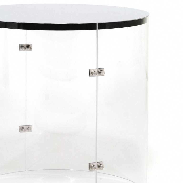 Atelier Demiurge editions: The Bauhaus sofa table, sliced Lucite and stainless steel in the modernist style. Priced singly.