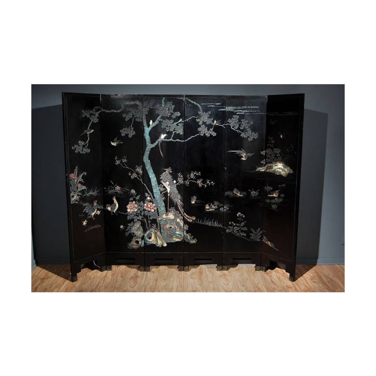 Chinoiserie Six-Panel Black Lacquer Coromandel Screen