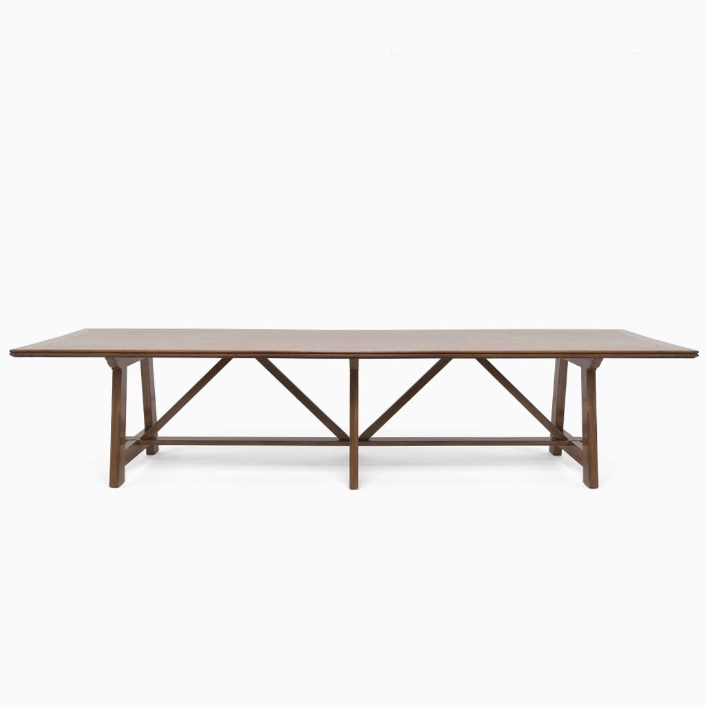 The Atelier Table With an Overhanging Antique Wood Top Raised on Contemporary Symmetrical Trestle Legs. (This Table as well as all Demiurge tables are made to order and are completely customizable.)