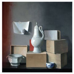 Still Life with White Pottery on Wood Boxes by Raymond Han