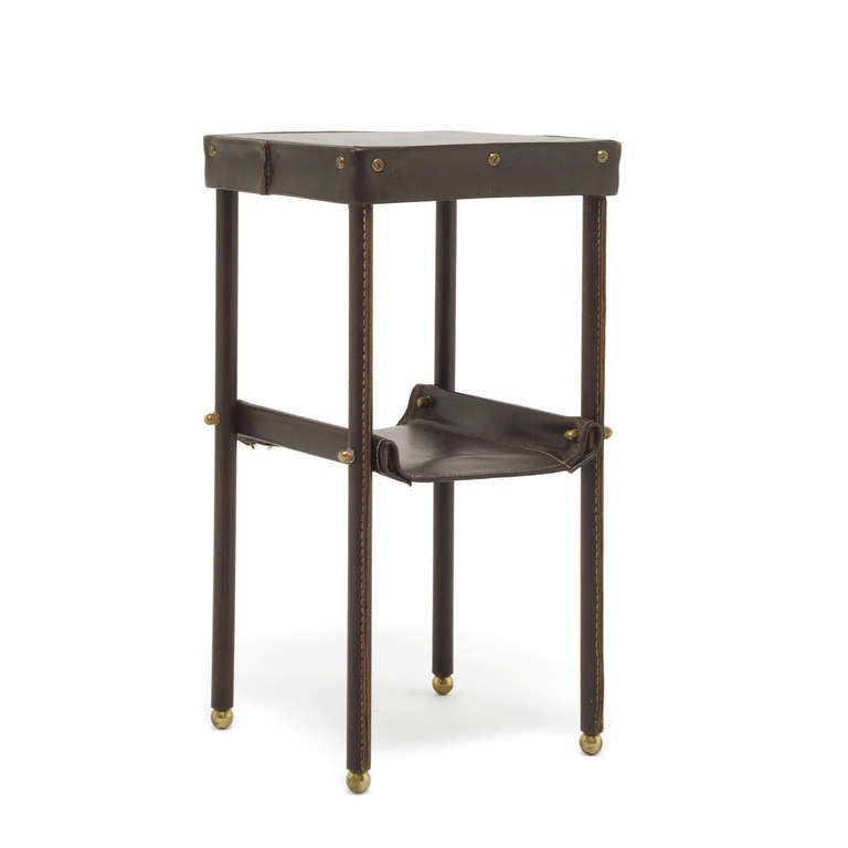 Jacques Adnet Telephone/Side Table, Dark Brown Leather with Contrasting Stitch Detail. Circa 1940's.