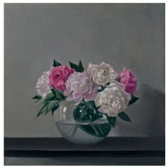 Pink and White Peonies in Large round Glass Vase