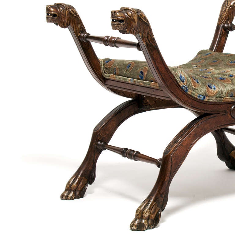 18th century Italian Tabouret with Lions head and Paw Feet, newly upholstered with Peacock silk.