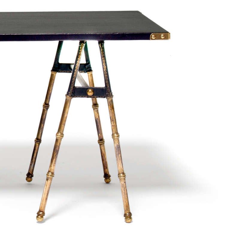 Jacques Adnet Leatherette and Bamboo Brass Trestle Coffee Table