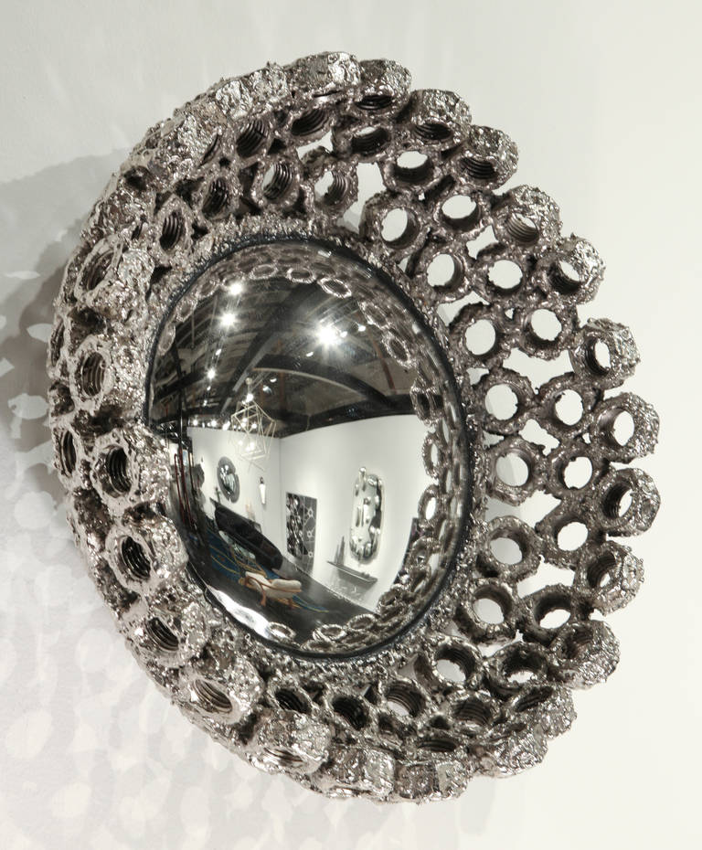 Modern Chrome Patinated Steel Bolt Convex Mirror by Laurent Chauvat