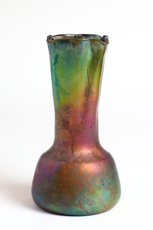 19th C. Floral Iridescent Fluted Vase by Jerome Massier