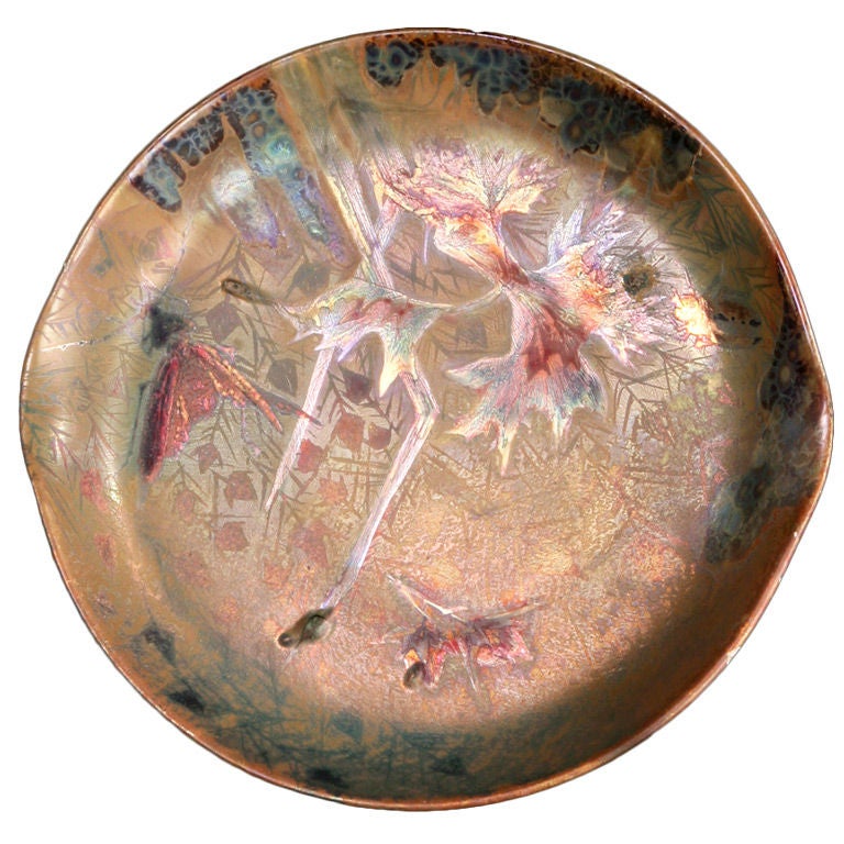 19th Century Iridescent Symbolist Leaf Dish Platter by Lucien Lévy-Dhurmer For Sale