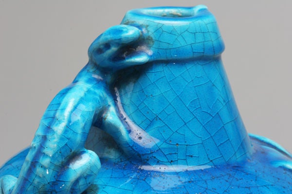 French Lizard Turquoise Vase by Jean-Jacques Lachenal