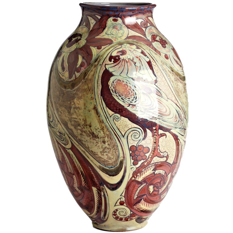 20th Century Liberty Parrot and Pomegranate Vase by Galileo Chini For Sale
