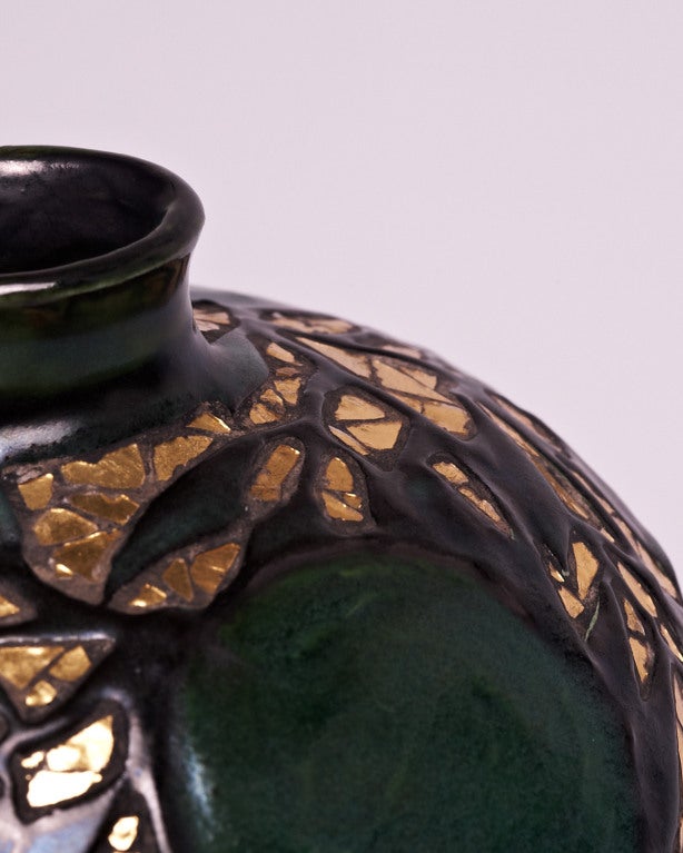 Art Nouveau Jugendstil Gold and Limes Mosaic Glass Vase by Max Laeuger