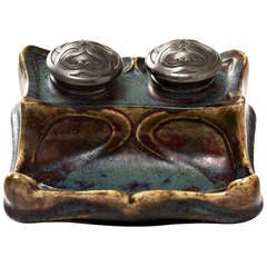 Antique Stoneware Inkwell with Pewter Mount by Pierre-Adrien Dalpayrat