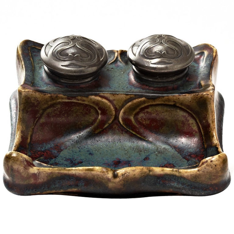 Stoneware Inkwell with Pewter Mount by Pierre-Adrien Dalpayrat