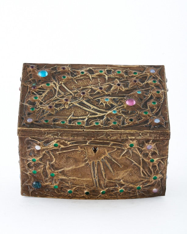 French Art Nouveau Stars and Cosmos Metalwork Box with Glass Cabochons By Alfred Daguet