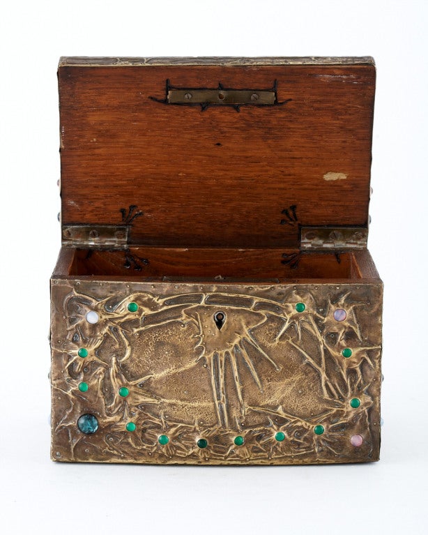 Art Nouveau Stars and Cosmos Metalwork Box with Glass Cabochons By Alfred Daguet In Excellent Condition In New York, NY