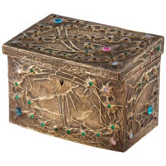 Art Nouveau Stars and Cosmos Metalwork Box with Glass Cabochons By Alfred Daguet