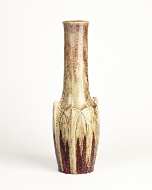 Ribbed stonewear vase with Foliate motifs. Marks: painted E Decoeur; Trefoil AC