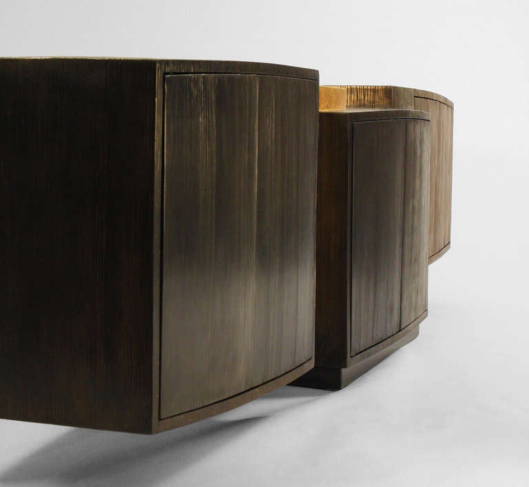 Blackened, Gilt Steel, Bronze Double Cantilevered Console by Gary Magakis, USA, 2013

Like wings, a central two door cabinet in blackened steel anchors three floating cantilevered cabinets radiating from both sides of the grounded central unit.
