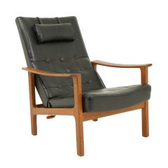 Teak Framed Black Leather Recliner