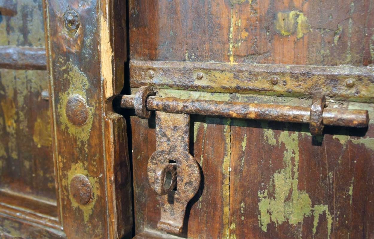 Forged Indo-Portuguese Ironbound Solid Teak Paneled Doorway