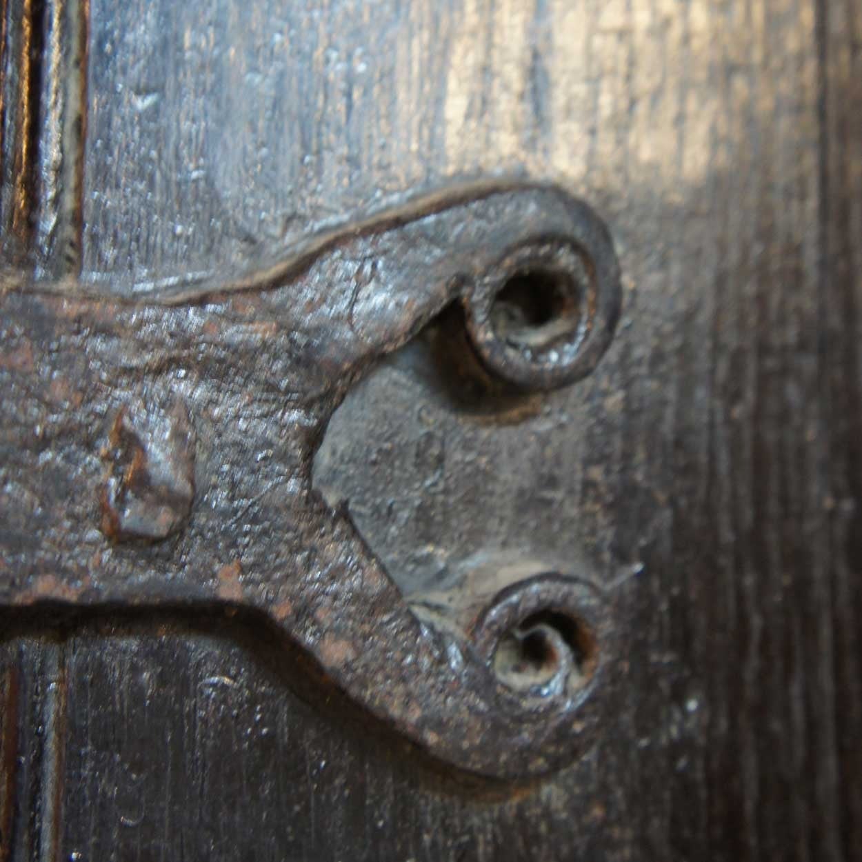 Hand-Carved Rare English Baroque Iron Mounted Elm Three-Plank Single Door