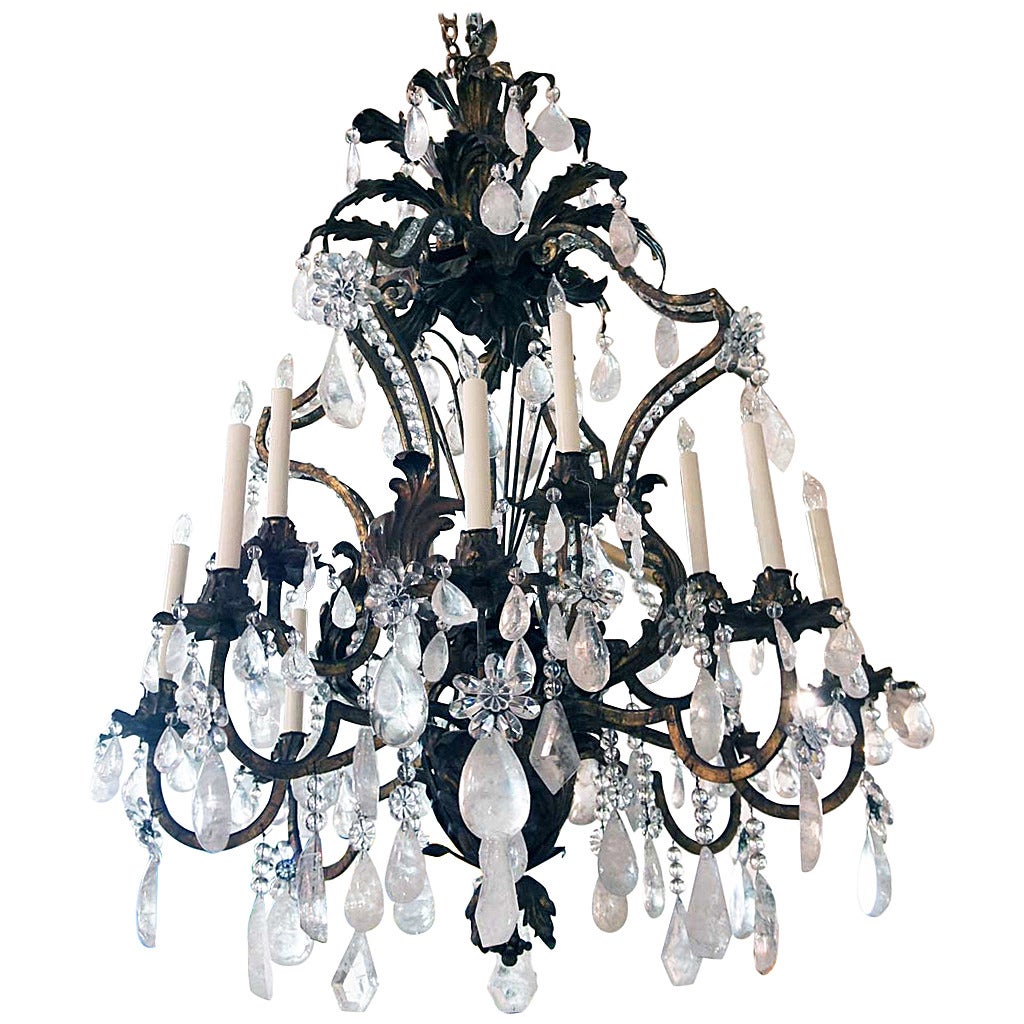 Nesle Louis XV Style Wrought Iron and Rock Crystal Twelve-Light Chandelier For Sale