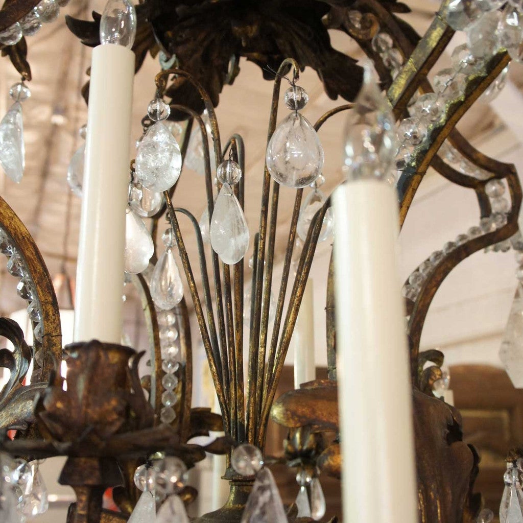 American Nesle Louis XV Style Wrought Iron and Rock Crystal Twelve-Light Chandelier For Sale