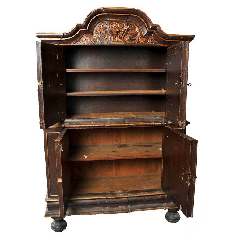 Danish or Swedish Baroque Painted Parcel Gilt Pine Two-Part Cabinet In Good Condition In Denver, CO