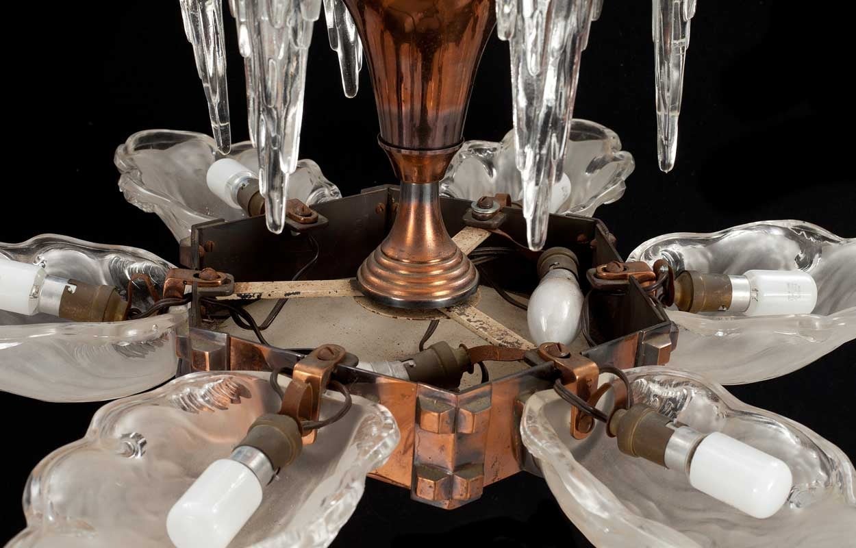 French BORIS LACROIX Art Deco Copper and Glass Six-Light Chandelier In Good Condition For Sale In Denver, CO