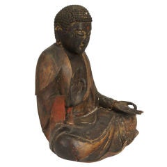 Japanese Edo Period Lacquered Pine Seated Amida Buddha