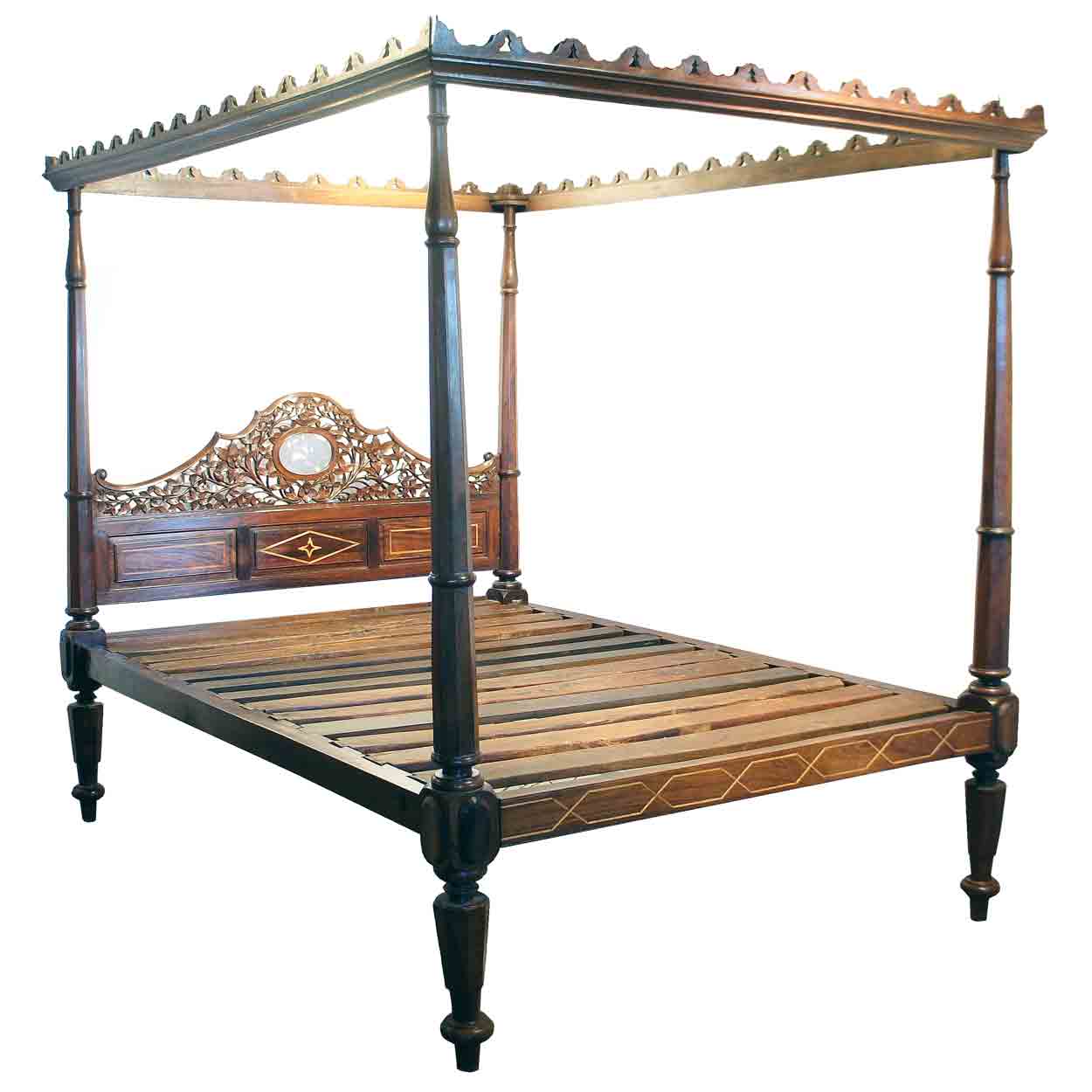 Anglo Indian Satinwood Inlaid Rosewood Tester Bed