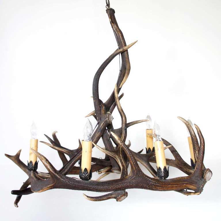 20th Century French Provincial Antler Six-Light Chandelier