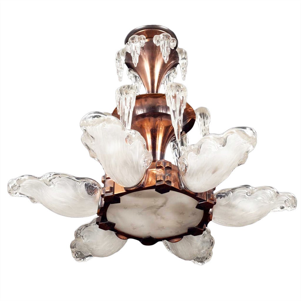 French BORIS LACROIX Art Deco Copper and Glass Six-Light Chandelier For Sale