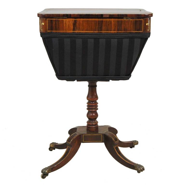 Fabric English Regency Inlaid Rosewood Pedestal Sewing Table