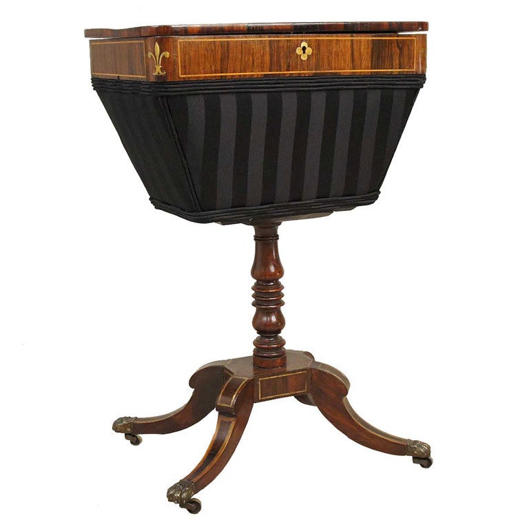 English Regency Inlaid Rosewood Pedestal Sewing Table