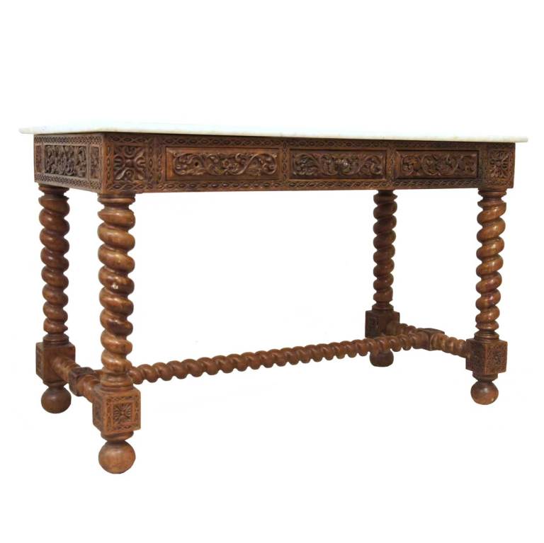 Beautifully hand crafted, and topped with white marble, this pair features lovely barley twist legs and H-stretchers. Note the back carved foliate designs on the apron, which contains a small, single drawer, and on the blocks on the legs. Wonderful